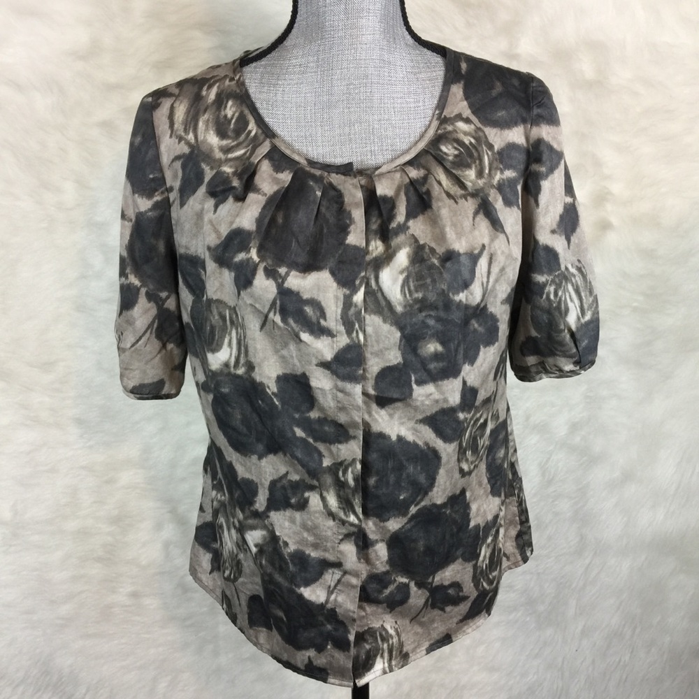 Talbots 10P Gray Floral Button Down Blouse